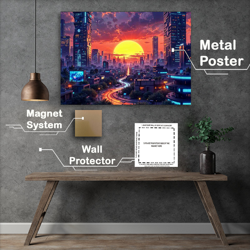 Buy Metal Poster : (Futuristic modern neon town)