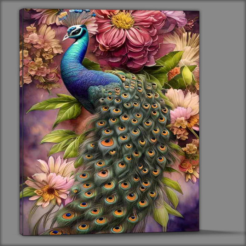 Buy Canvas : (Cameron Gray Peacock Art Watercolor surrounded by flowers)