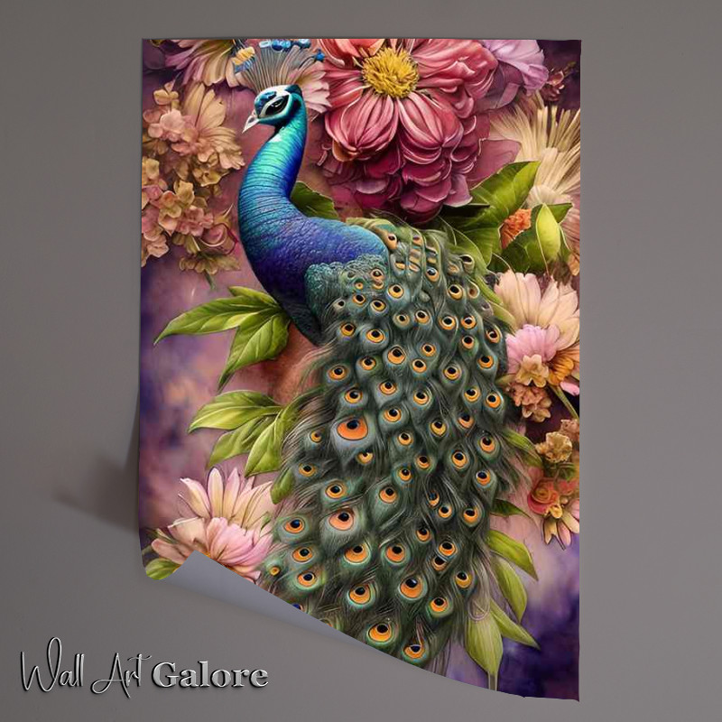 Buy Unframed Poster : (Cameron Gray Peacock Art Watercolor surrounded by flowers)