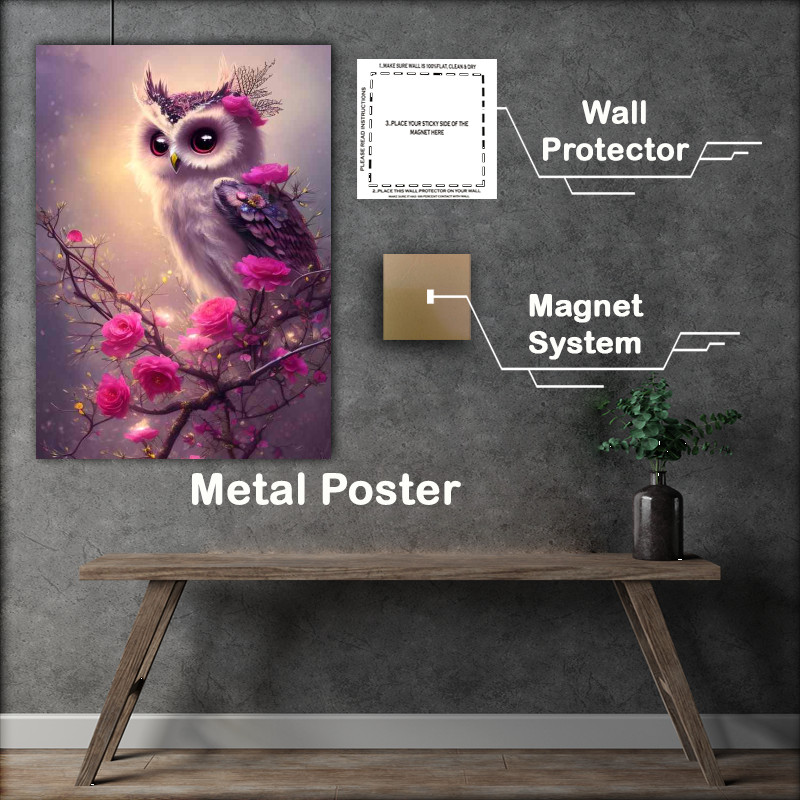 Buy Metal Poster : (Fantasy Cute Owl Pearched An A Tree In Flower)