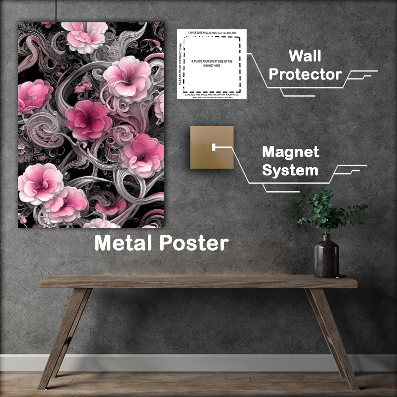 Buy Metal Poster : (Pink Chrome Black Ink Flowers)