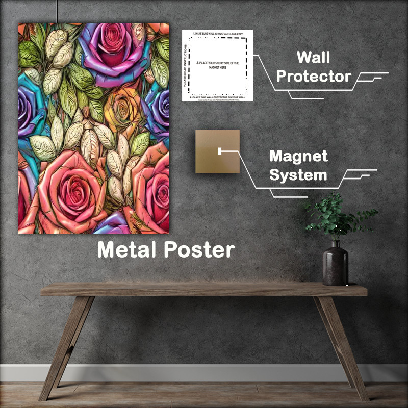 Buy Metal Poster : (Rainbow Roses And Leaves)