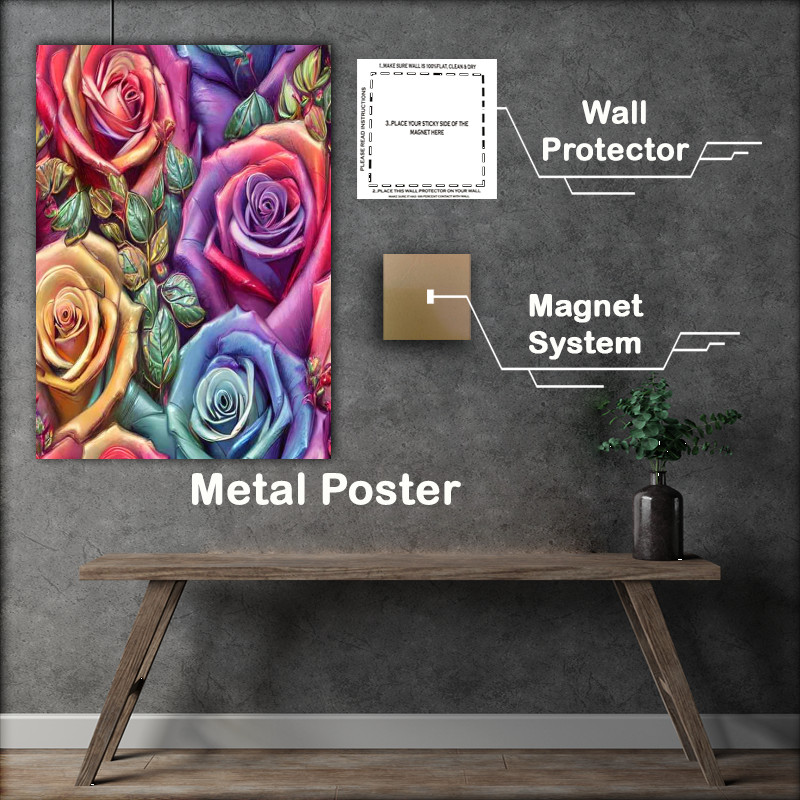 Buy Metal Poster : (Vintage Rainbow Roses And Leaves)