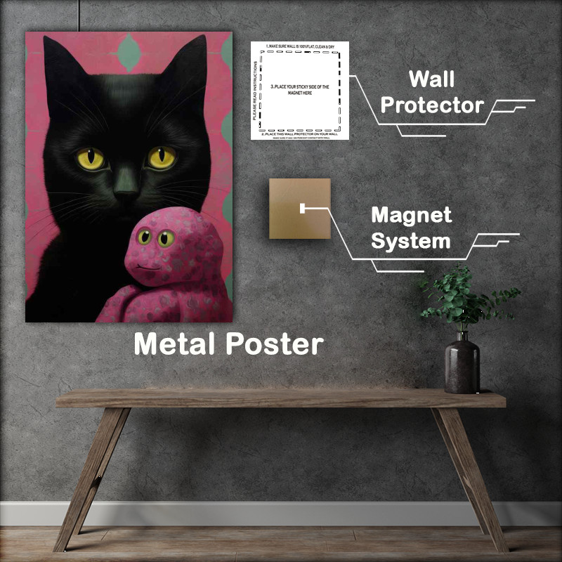 Buy Metal Poster : (A Black cat holding a pink stuffed teddy)