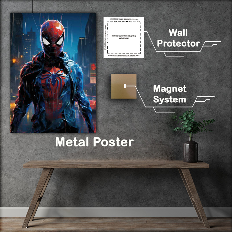 Buy Metal Poster : (Spiderman walking in a town with a blue shirt)