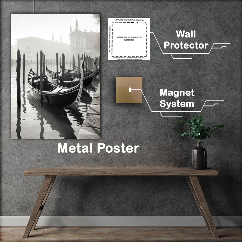 Buy Metal Poster : (Docks greyscale Embrace Gondolas Await Journey)