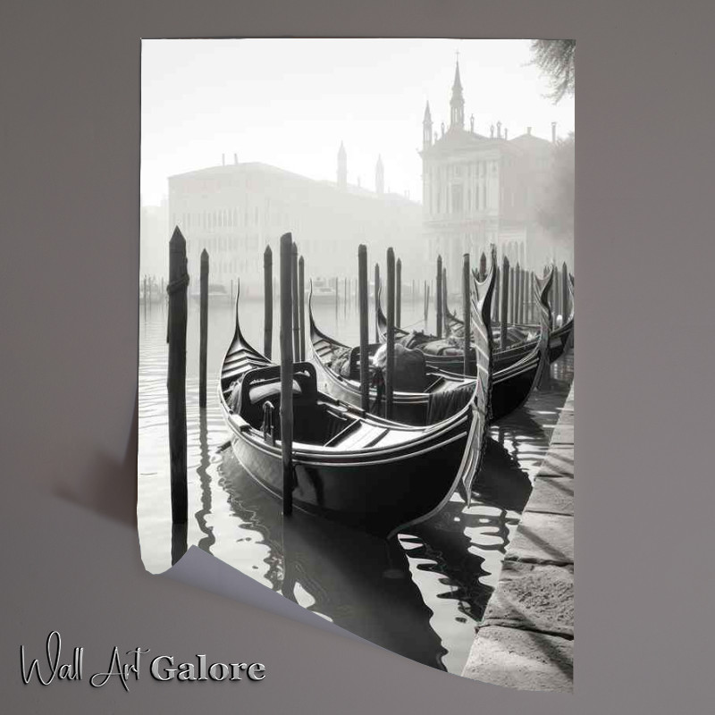 Buy Unframed Poster : (Docks greyscale Embrace Gondolas Await Journey)