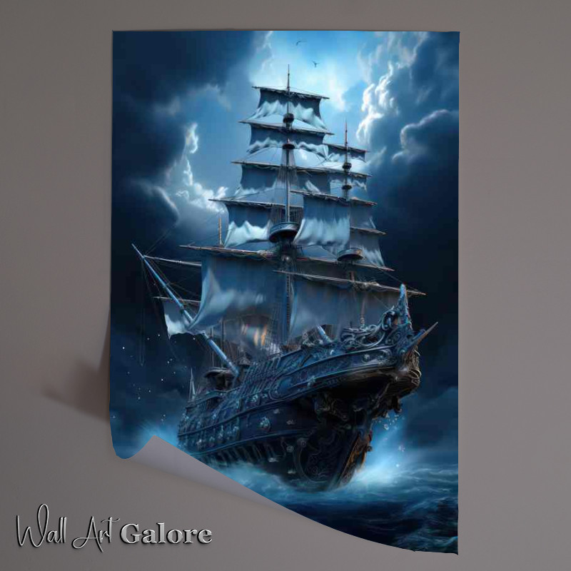 Buy Unframed Poster : (Moonlit Voyage Galleon Sails Midnight Waves)