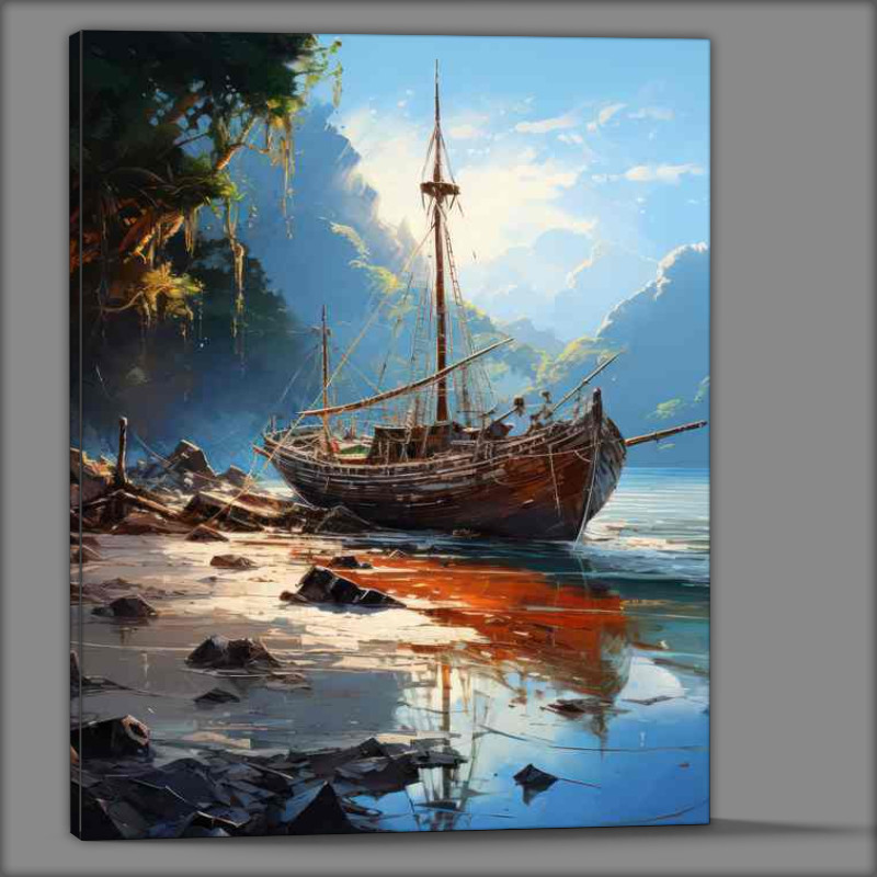 Buy Canvas : (Morning Kiss Boat On Serene Beach)