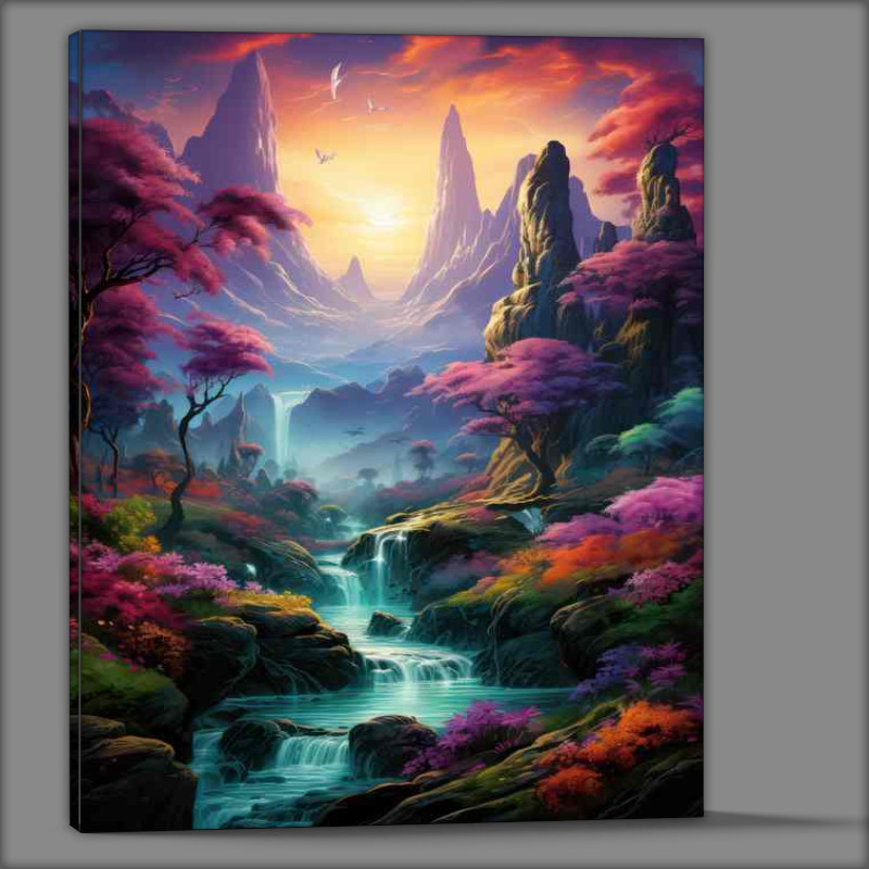 Buy Canvas : (Mountain Majesty Rainbow Cascades With Falls)