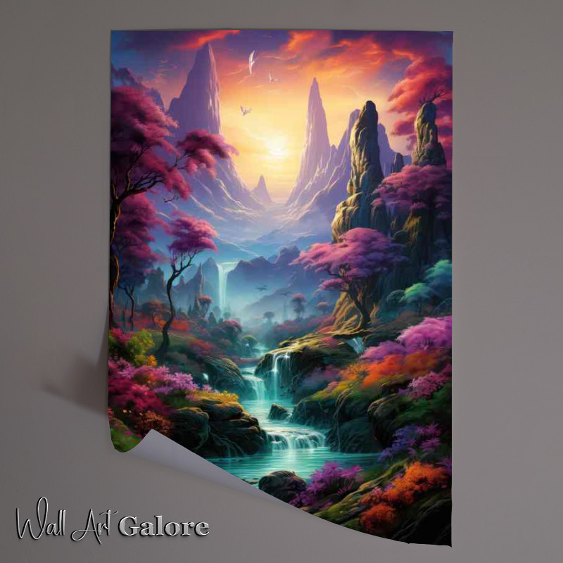 Buy Unframed Poster : (Mountain Majesty Rainbow Cascades With Falls)