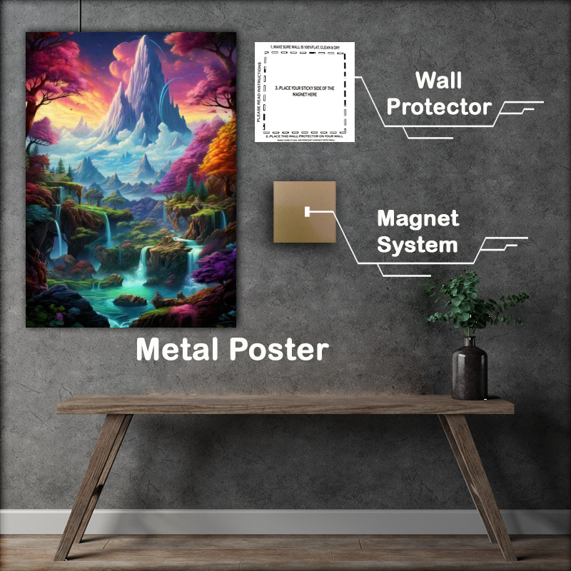 Buy Metal Poster : (Shimmering Heights Mountain Falls Rainbow Dream)