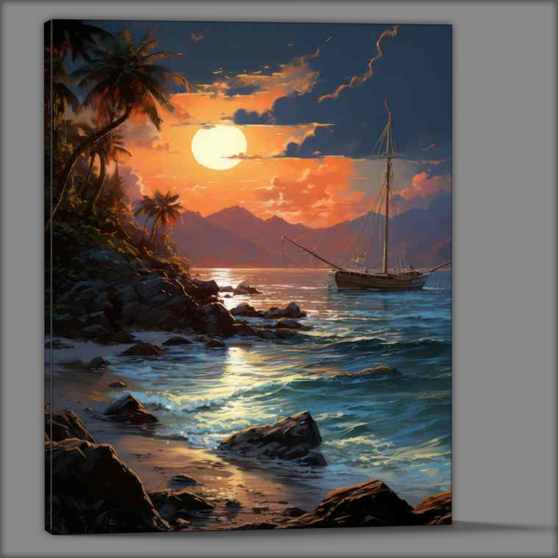 Buy Canvas : (Shoreline Whispers Boats Amidst Beachs Lull)