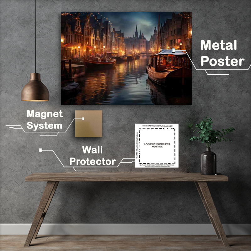 Buy Metal Poster : (City Glow Canal Lights Illuminating Night)