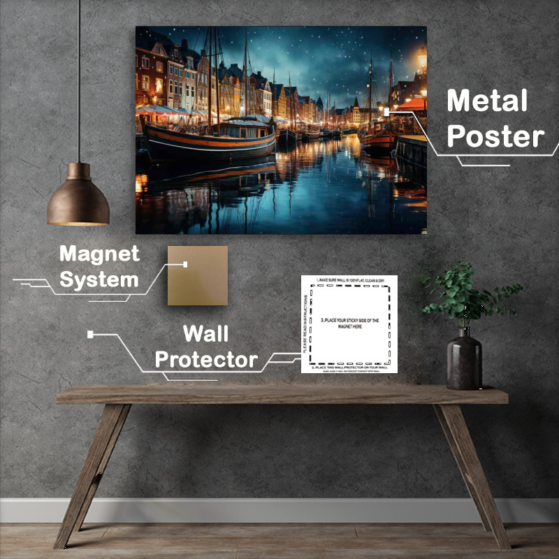 Buy Metal Poster : (Cityscape Glow Canals Reflecting Night Lights)