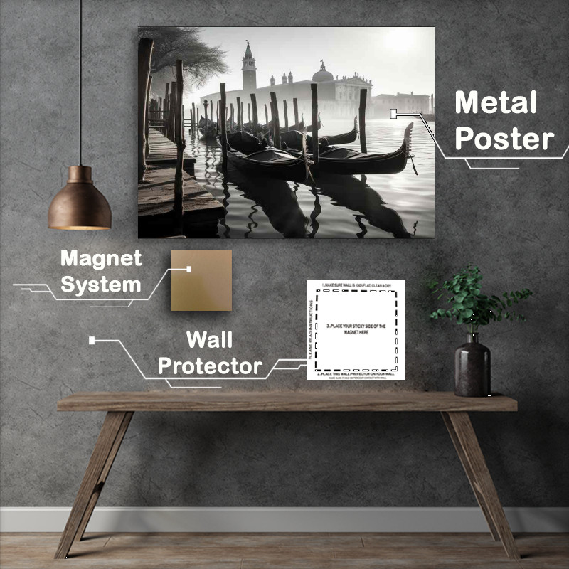 Buy Metal Poster : (Gondola Silhouettes Venice's Monochrome Magic)