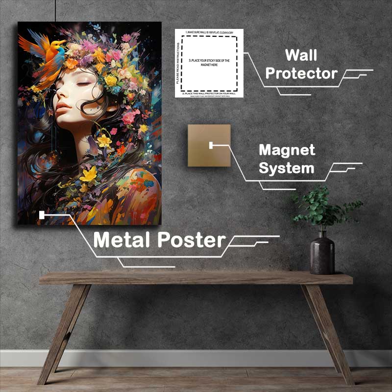 Buy Metal Poster : (Surreal Emotion Eruption bird and flowers female)