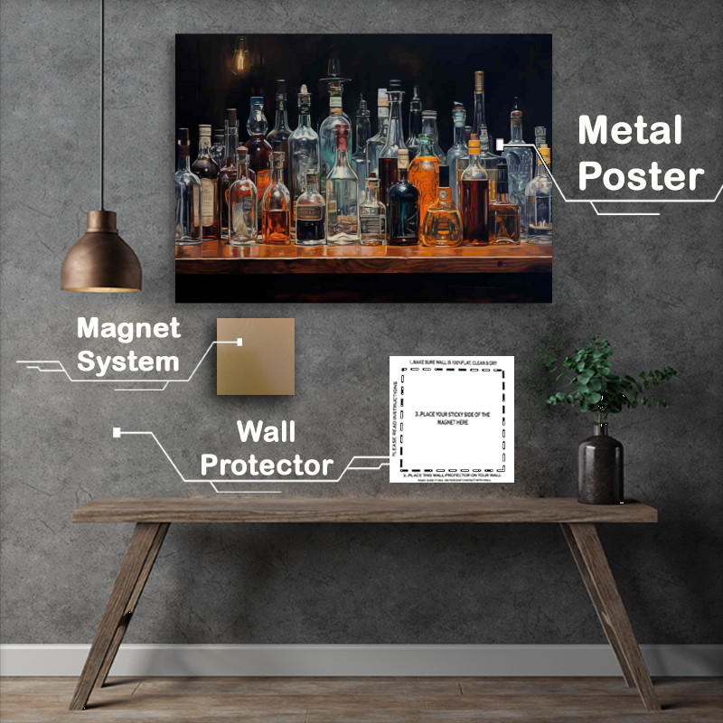 Buy Metal Poster : (Silhouette Sips Liquor Displays Meets Dark Cocktail Art)