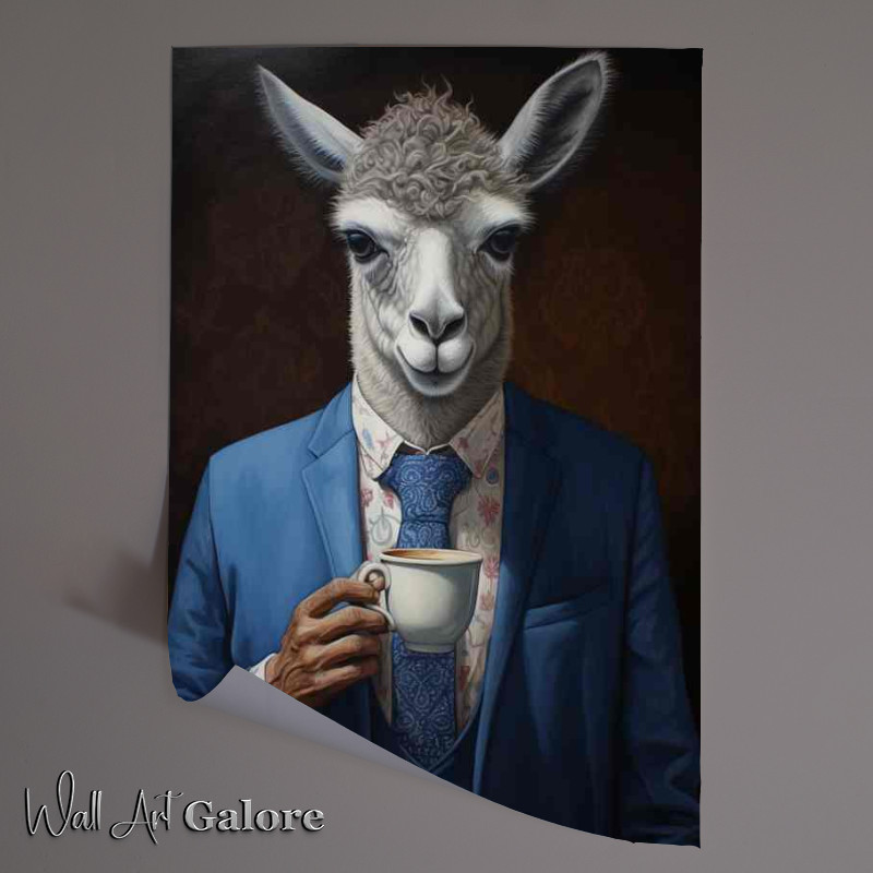 Buy Unframed Poster : (Llama holding a blue cup of coffee out in front)
