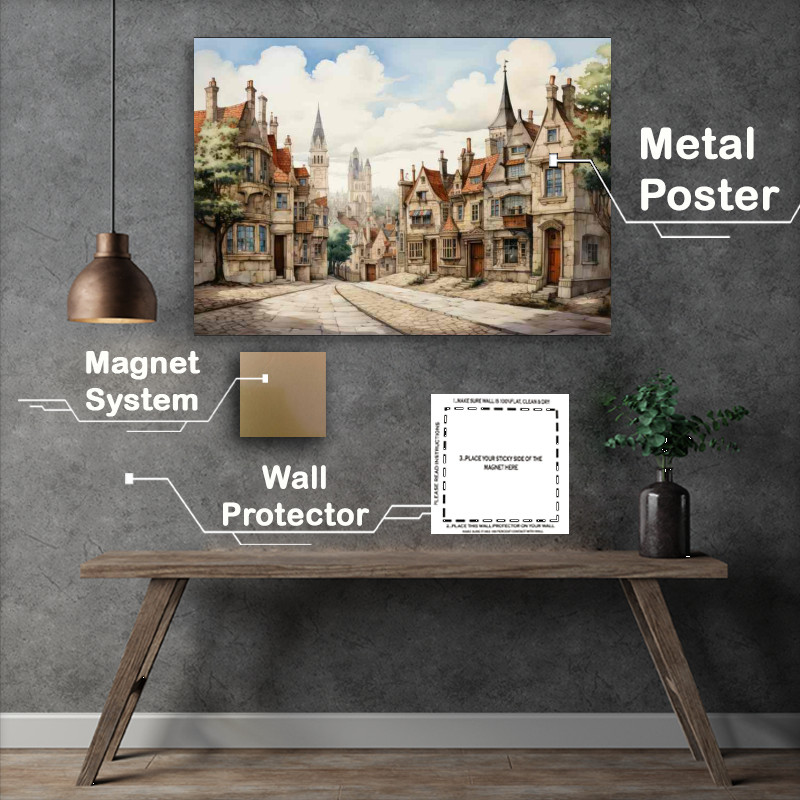 Buy Metal Poster : (Dreamy Village Scene Art)