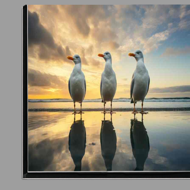 Buy Di-Bond : (three seaguls standing on a beach with reflection)