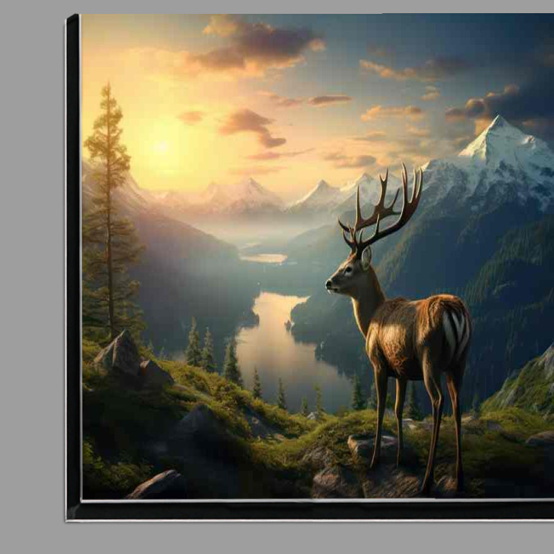 Buy Di-Bond : (Deer overlooking the mountain tops with a river vally below)