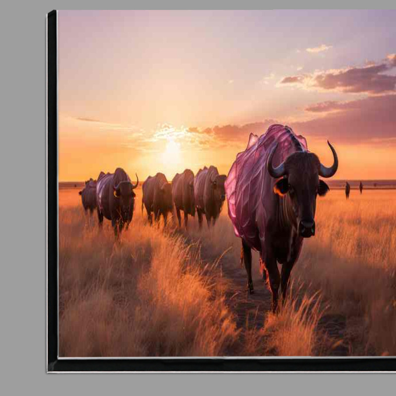 Buy Di-Bond : (large buffalow on a trail with the sun setting)