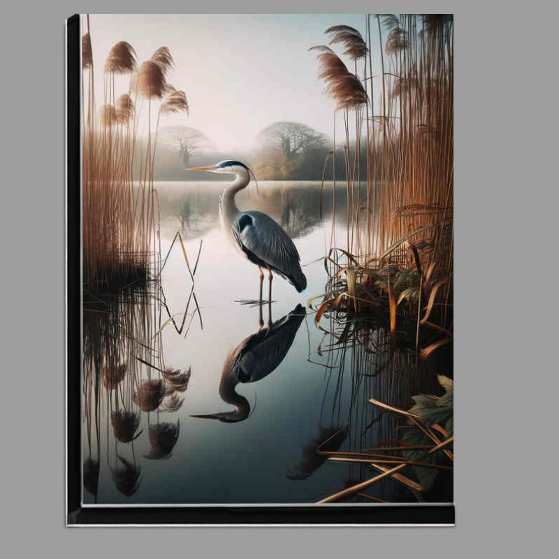Buy Di-Bond : (British grey heron standing at the edge of a calm lake)