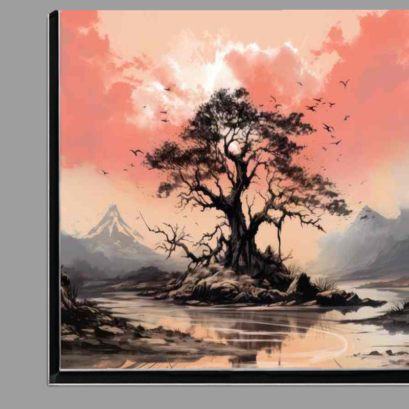 Buy Di-Bond : (A lone Tree on a moat island with pink skys at dusk)