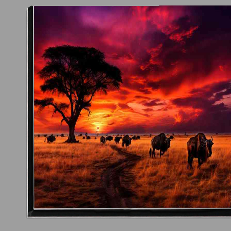 Buy Di-Bond : (A group of wildebeest traveling through the grassy plane)
