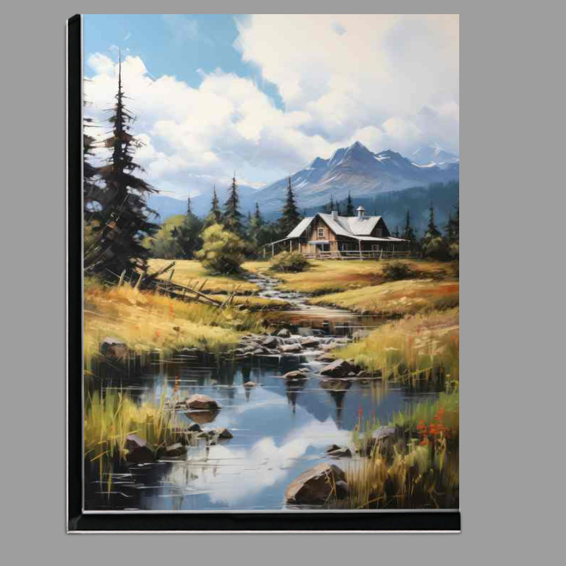 Buy Di-Bond : (Log Cabin and tall grasses mountains and trees are reflected)