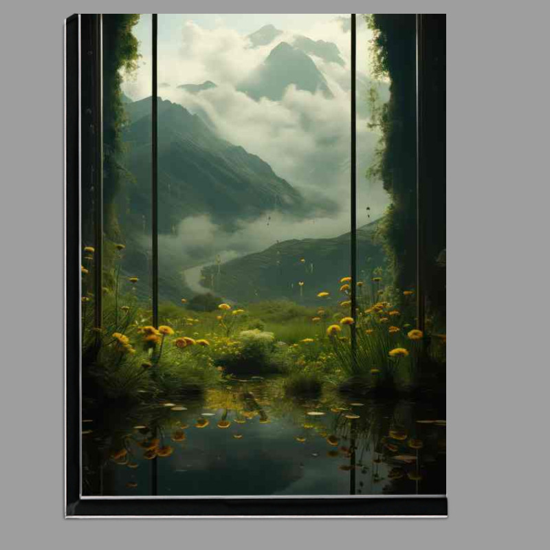 Buy Di-Bond : (Tall grasses mountains and trees are reflected in a pond)