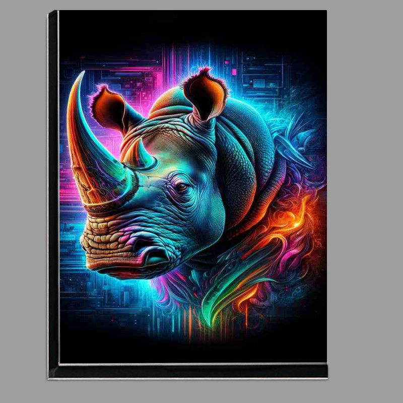 Buy Di-Bond : (A majestic rhinoceross head in neon digital art style)