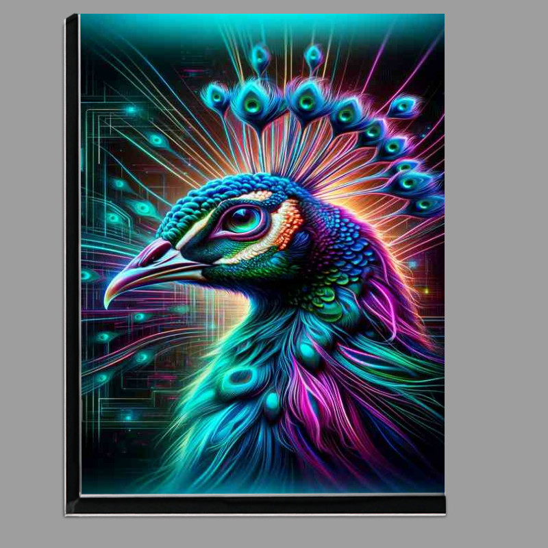Buy Di-Bond : (A visually stunning Peacocks head in neon digital art style)