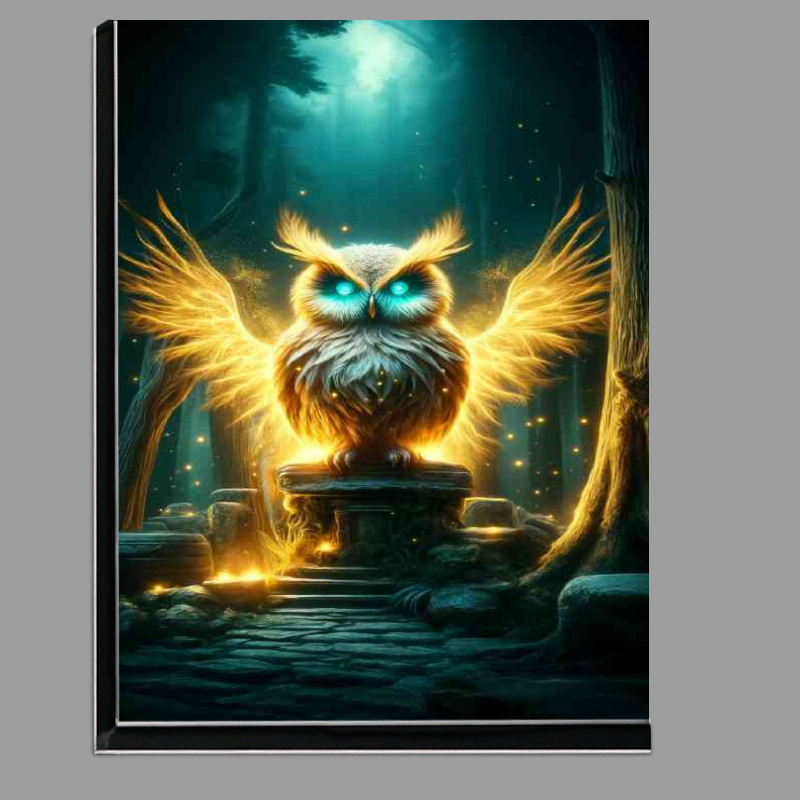 Buy Di-Bond : (Mythical Owl with glowing golden feathers perched in a twilight forest)