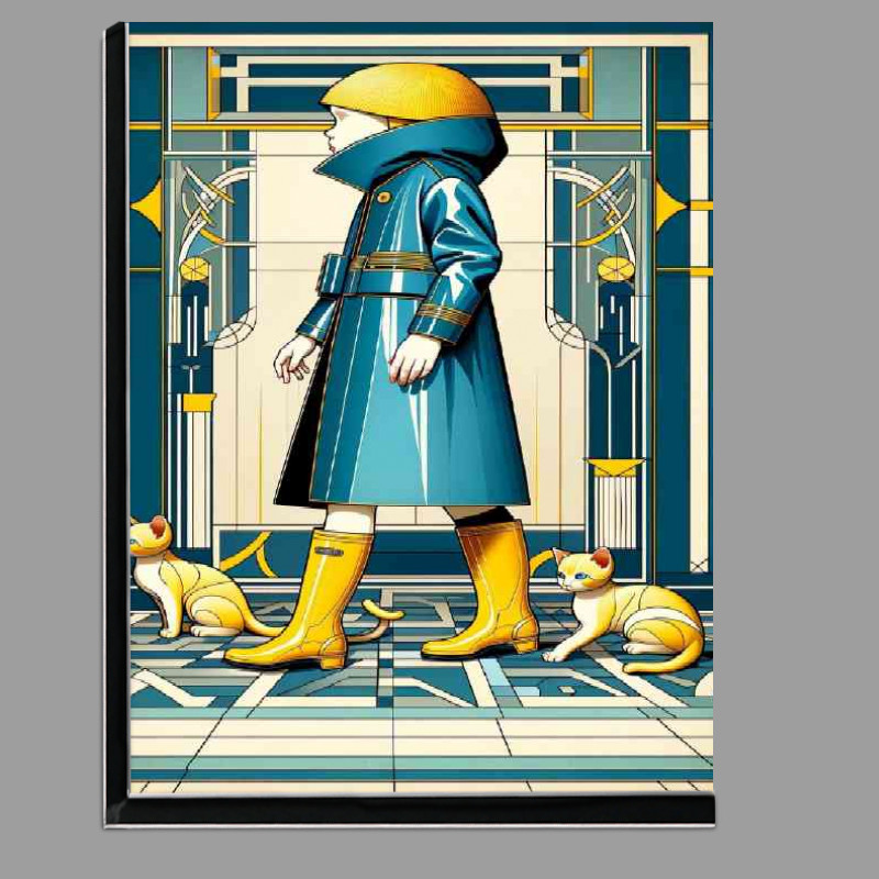 Buy Di-Bond : (Art Deco capturing a child in a blue raincoat and yellow boots)