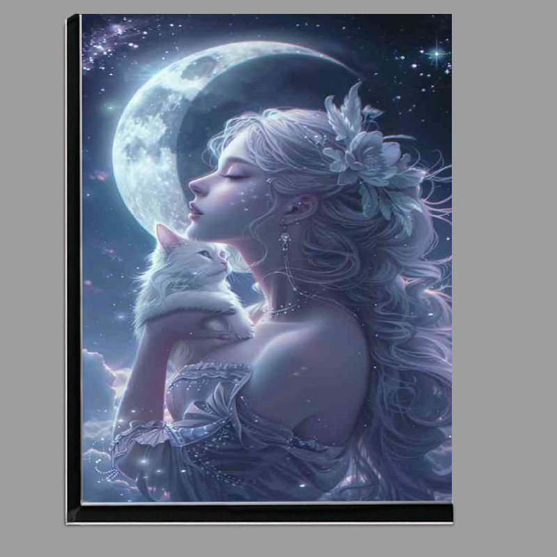 Buy Di-Bond : (Beautiful woman white cat in the moon star purple tones)