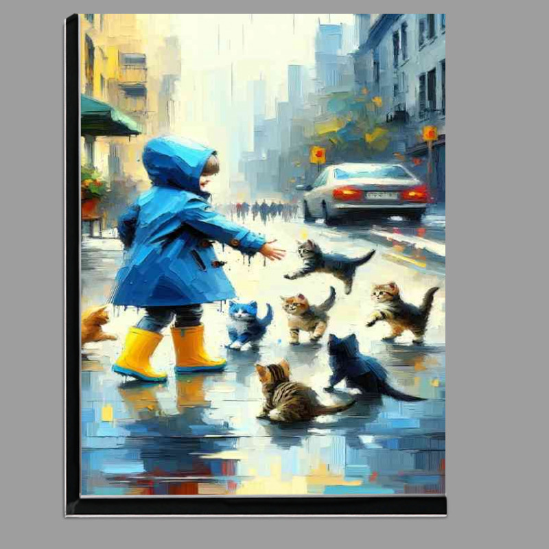 Buy Di-Bond : (Child in a blue raincoat and bright yellow boots playful kittens)
