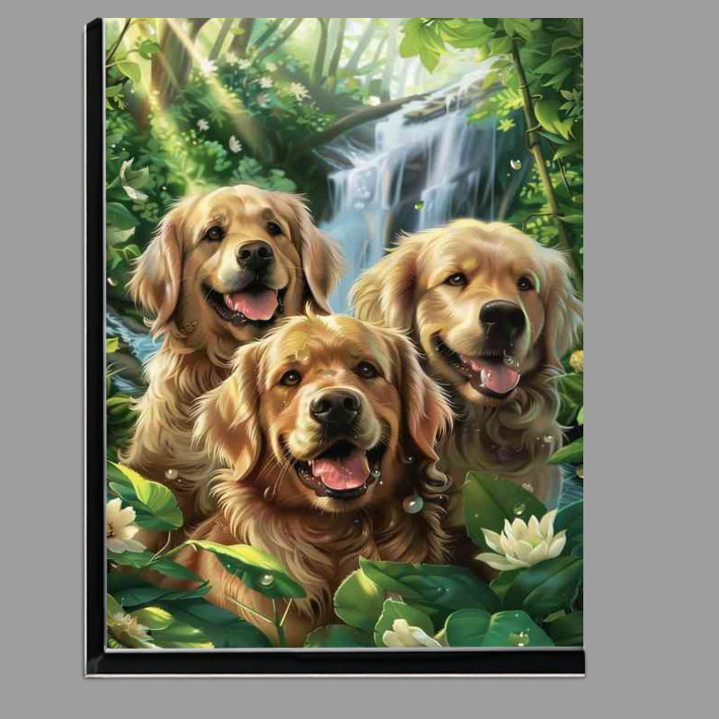 Buy Di-Bond : (Three Golden retrivers in the waterfall forest)
