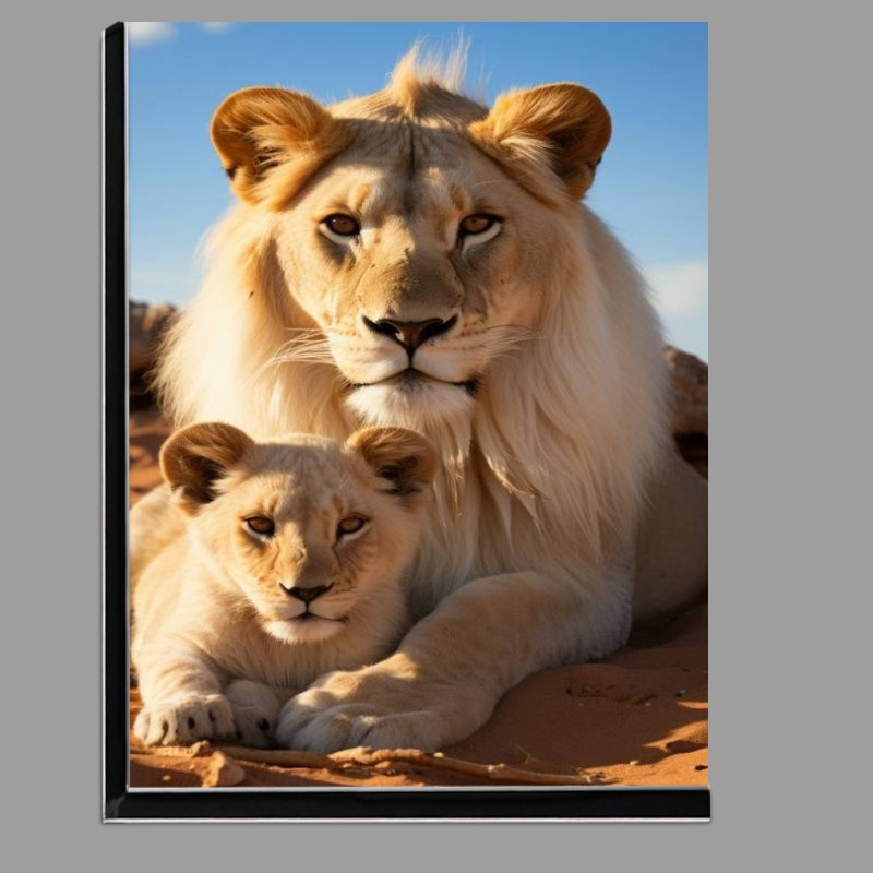 Buy Di-Bond : (Male and female lions lying in the sand)
