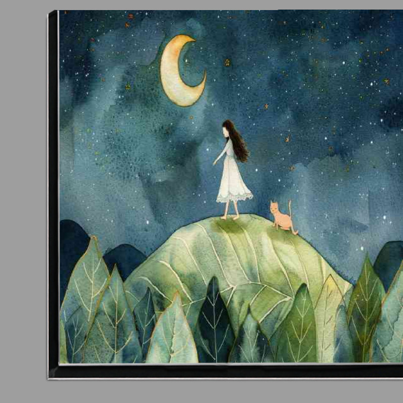 Buy Di-Bond : (A girl in a white dress and cat is standing on a giant leaf)