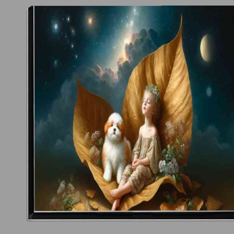 Buy Di-Bond : (A serene child with closed eyes seated on a giant gold leaf)