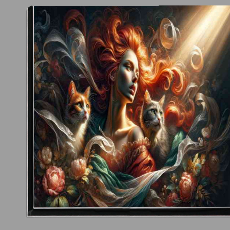 Buy Di-Bond : (A woman with vibrant red hair and two cats)