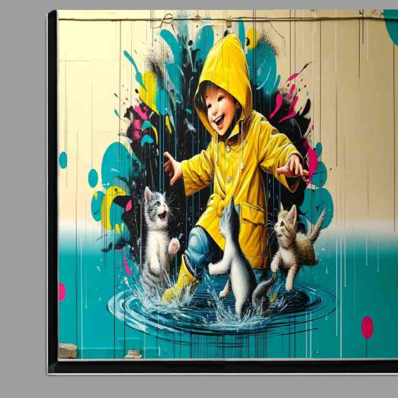Buy Di-Bond : (Child in a bright yellow raincoat playing with kittens)