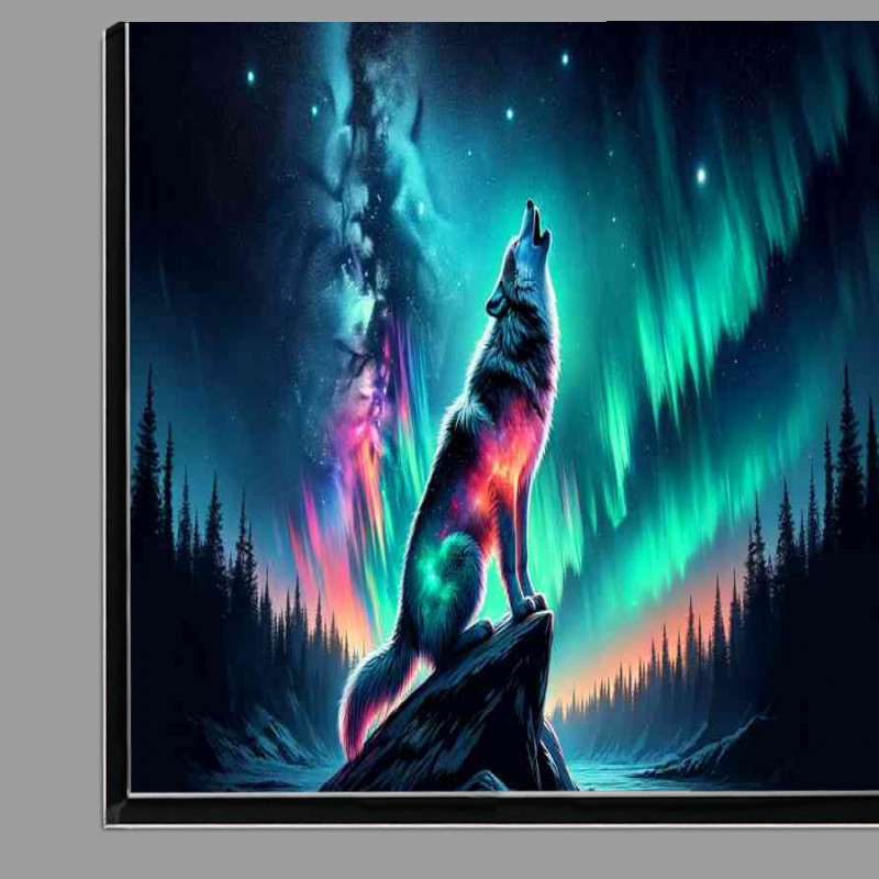 Buy Di-Bond : (Wolf its fur a vibrant display of auroras and celestial bodies)