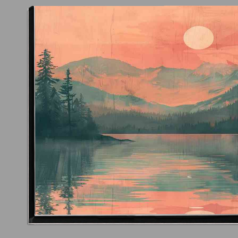 Buy Di-Bond : (Watercolour mountains by the lake and setting sun)