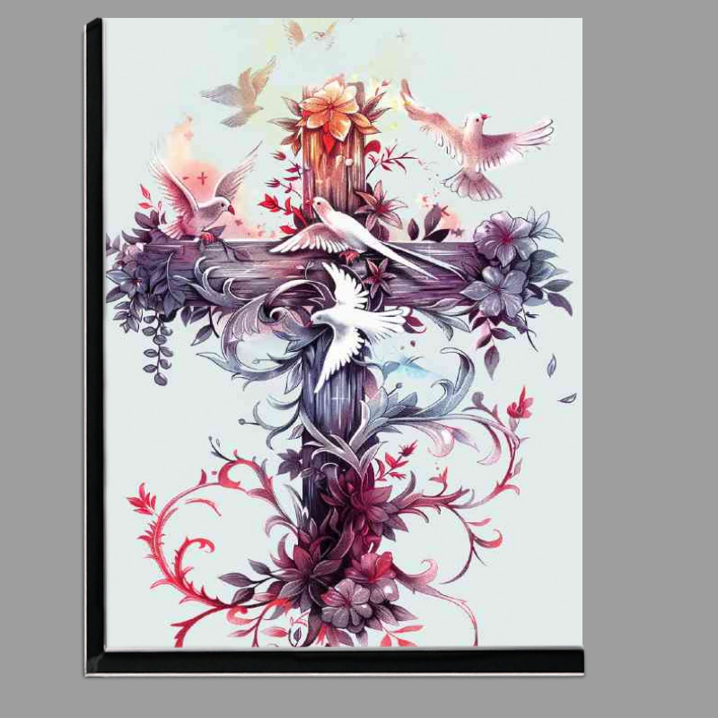 Buy Di-Bond : (Cross made of flowers with doves flying)