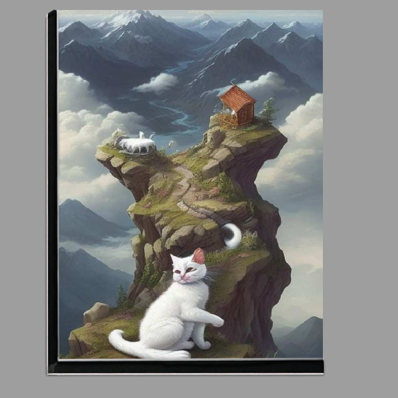 Buy Di-Bond : (White cute cat on clouds looking at mountains)