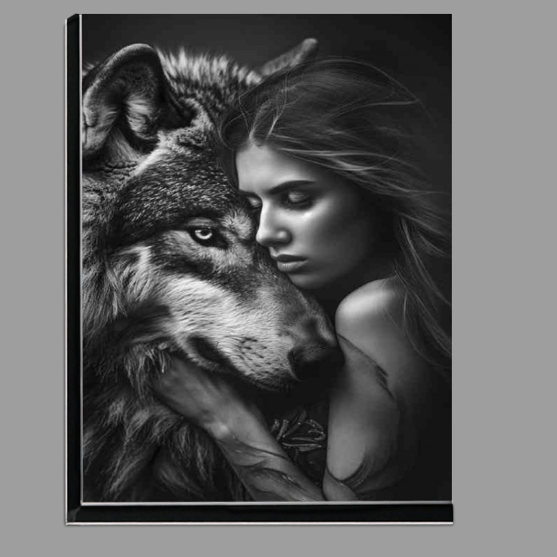 Buy Di-Bond : (Black and white photo of a beautiful woman and wolf)