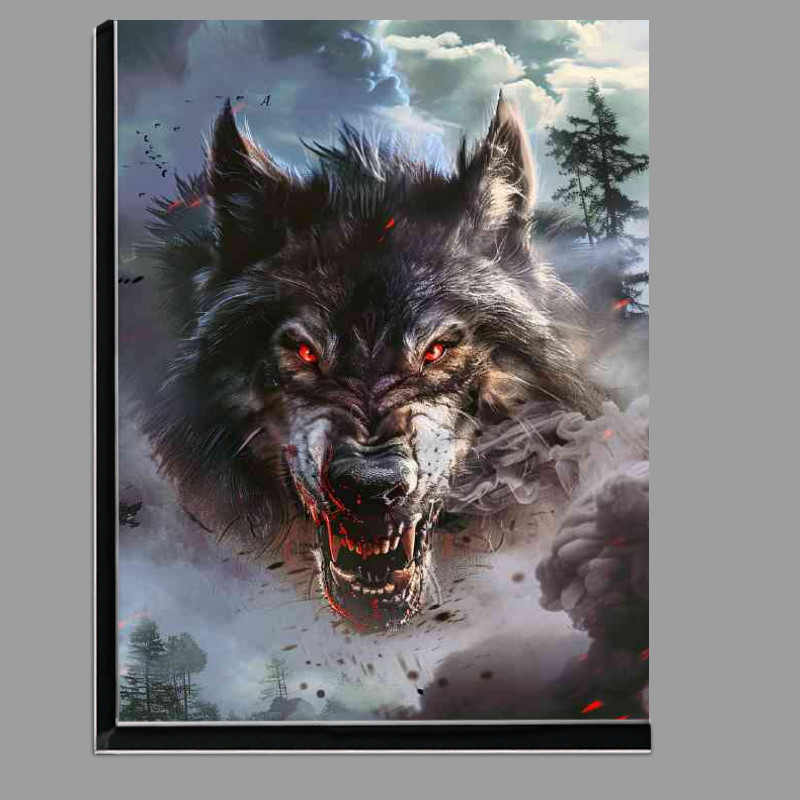 Buy Di-Bond : (Snarling wolf with red eyes forest and clouds)